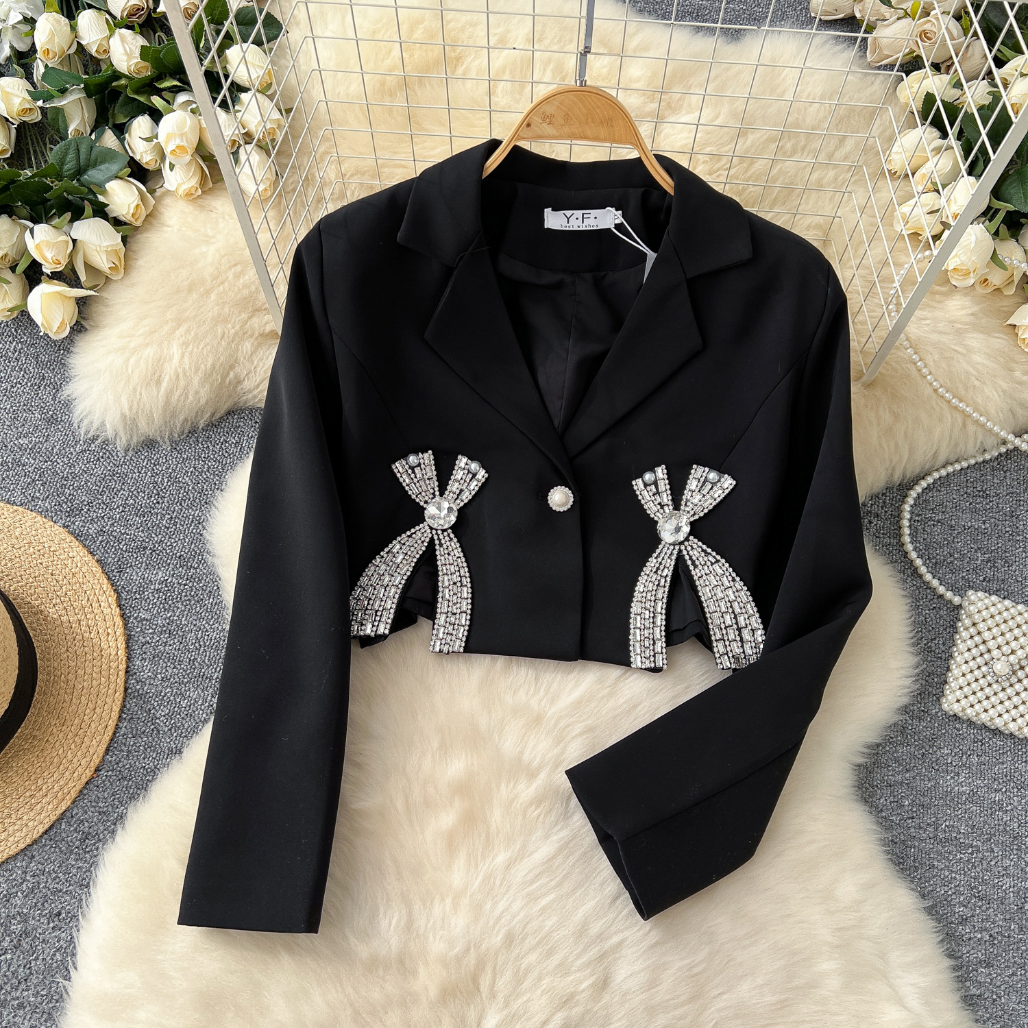 Mingyuan Fashion Heavy Industry Diamond Inlaid Bow Decoration Short Style Small Suit for Women with a High Grade Sense, Small Fragrant Style, Versatile Short Coat