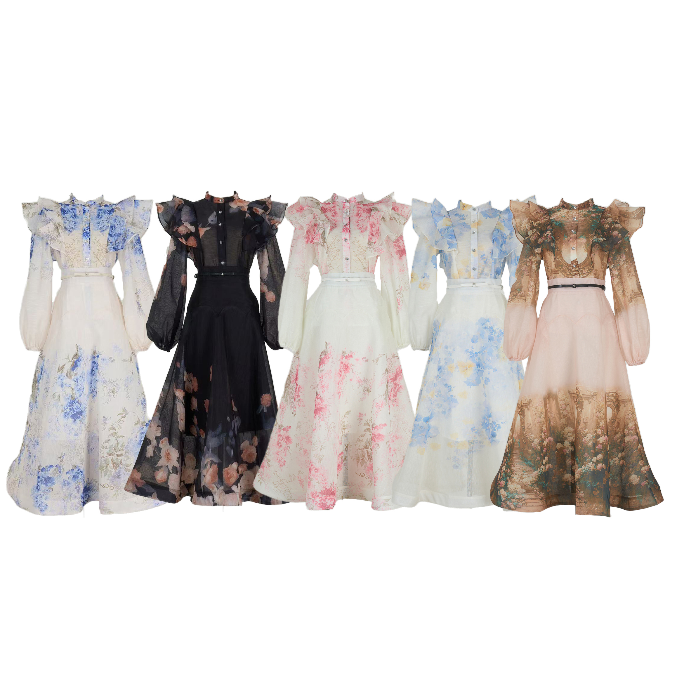 Real time spot European spring and summer new item heavy craft ruffled lantern sleeve shirt+large skirt set in 5 colors
