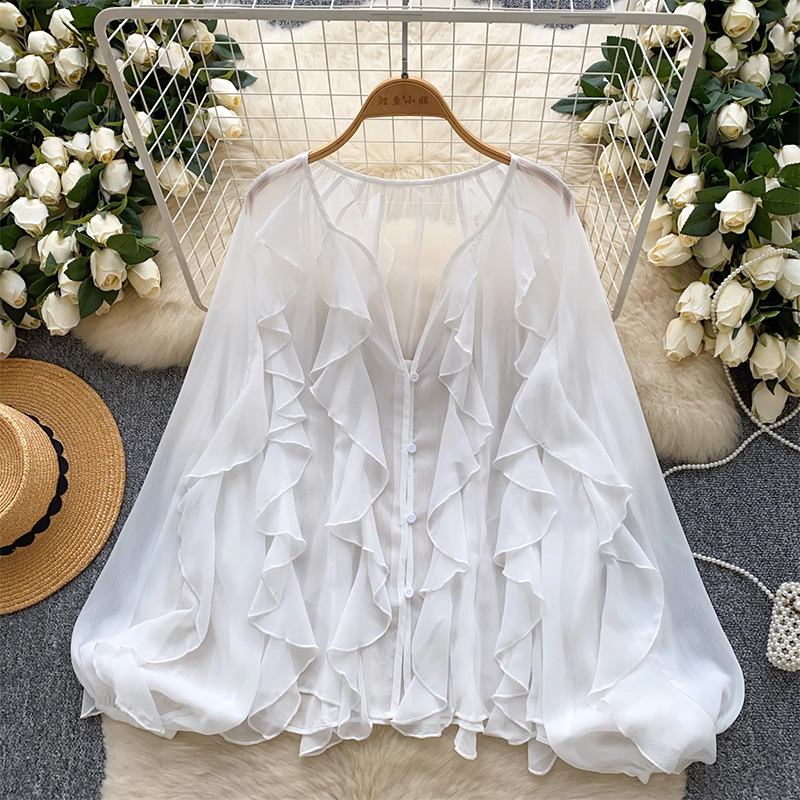 Fairy Top 2025 New French Atmosphere Multi layer Mushroom Edge Shirt Thin Perspective Hooded Chiffon Cardigan