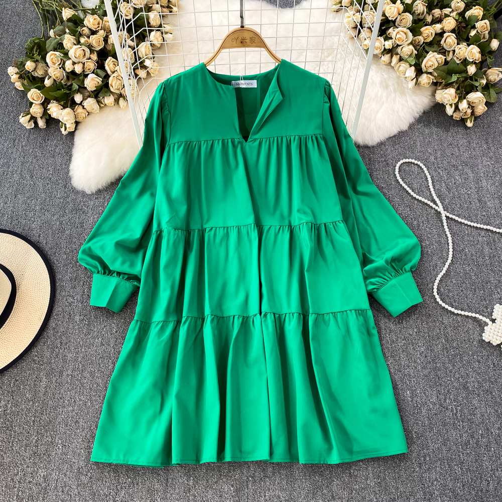 Spring and Autumn Korean Chic Bubble Long Sleeve V-neck Folded Design Loose Medium to Long Small Doll Dress