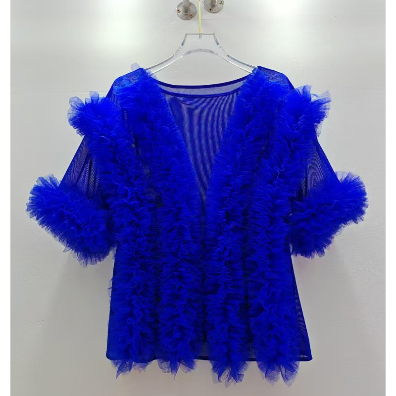 European style black fungus edge mesh short see through shirt for women in summer 2025, with a unique design and niche French style top