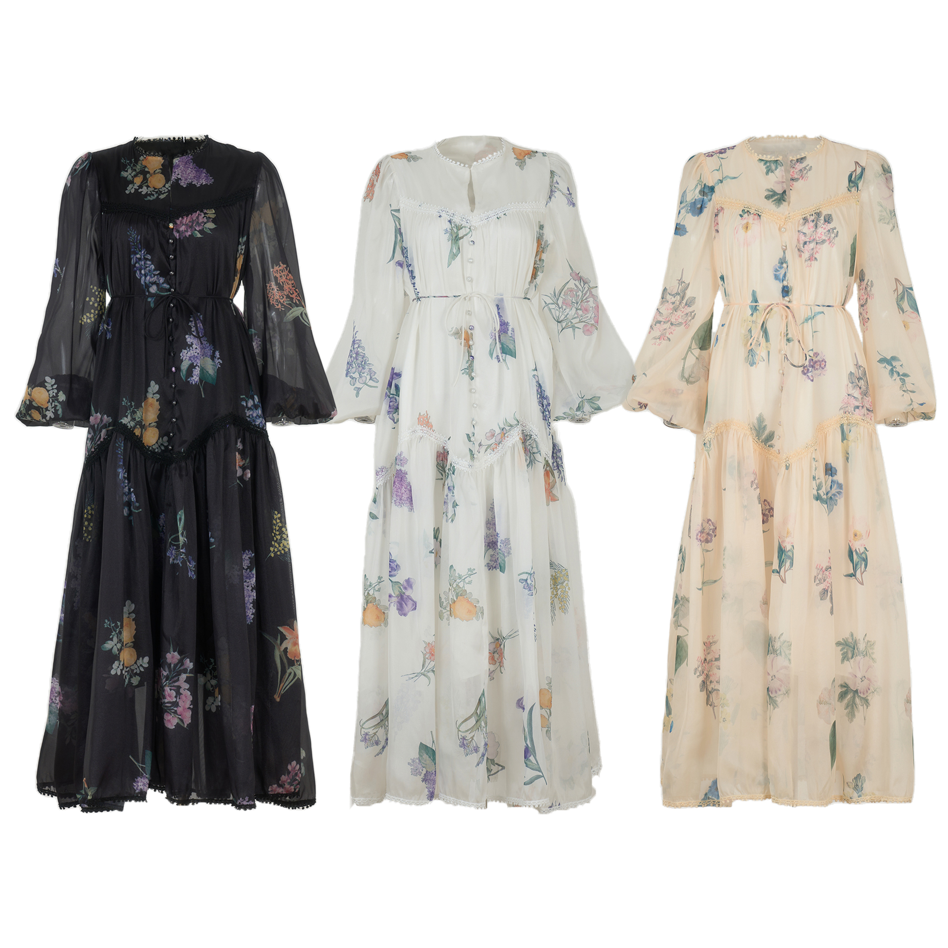 Real shot French elongated style lace long sleeved lace up dress with beautiful floral A-list French dress in stock