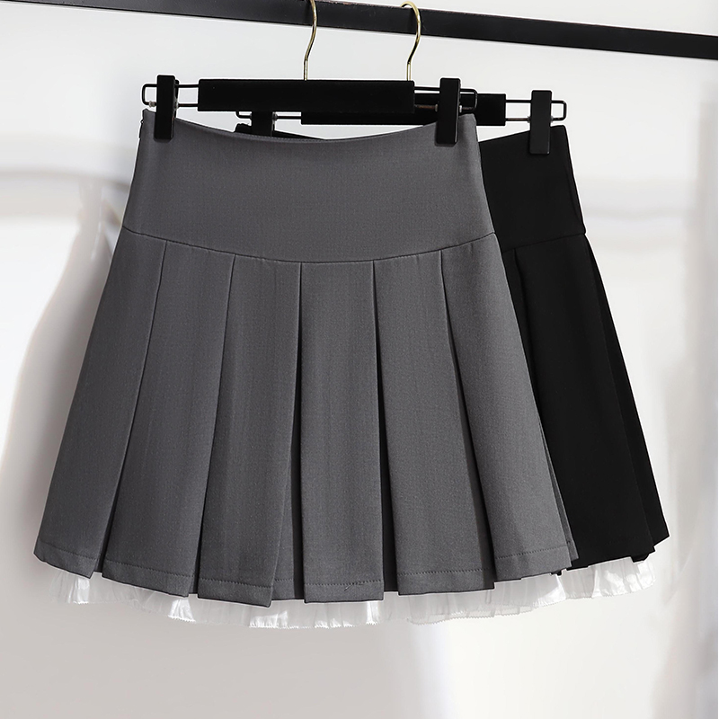 Design sense: Lace lace patchwork skirt, women's summer gray pleated skirt, small stature, anti glare black short skirt