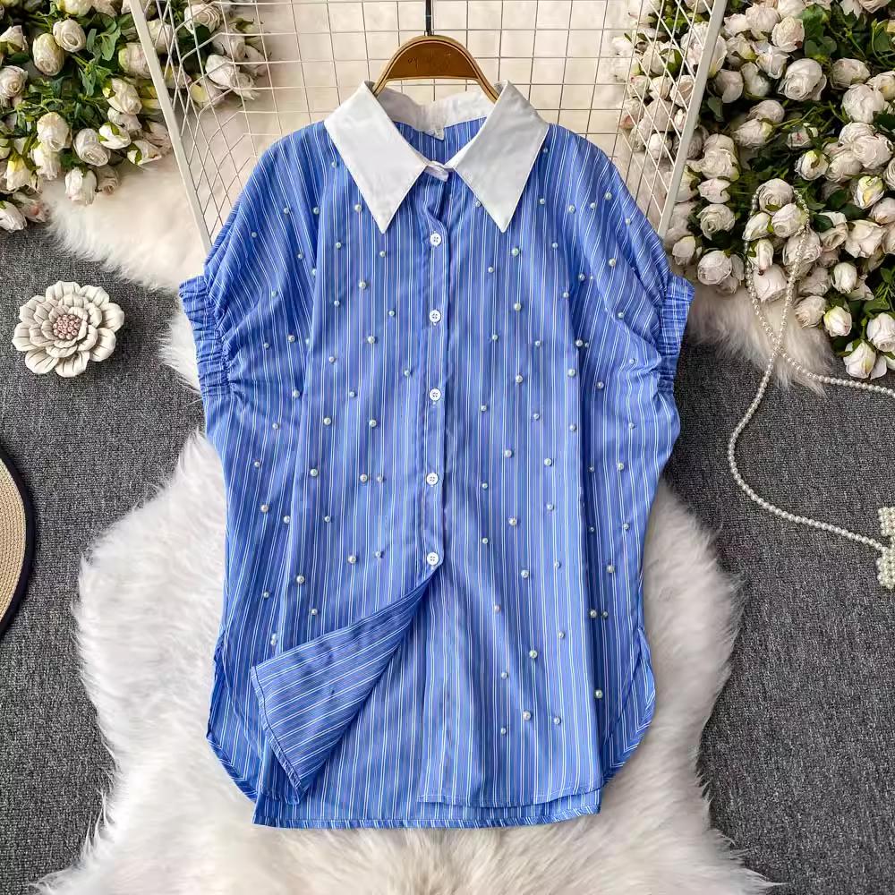 2025 summer contrasting lapel loose lazy full body nail bead mid length covered buttocks striped shirt large board top