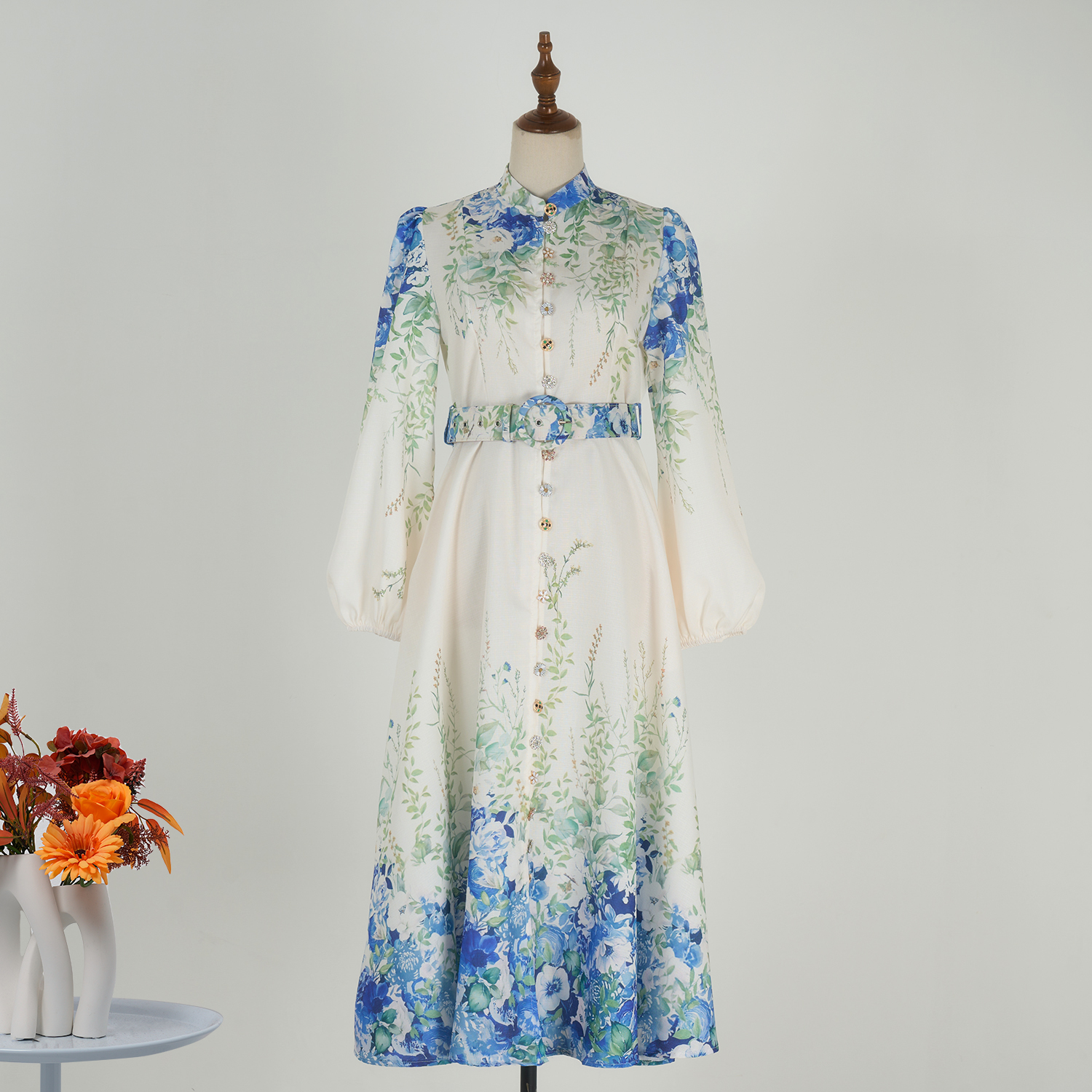 Real shot spot spring/summer European and American stand up collar bubble long sleeved lace up waist single breasted printed blue flower long dress