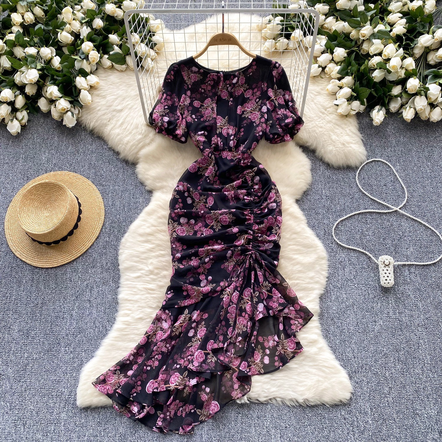 French romantic atmosphere floral dress, women's summer bubble sleeves, irregular design, niche light luxury fish tail long skirt