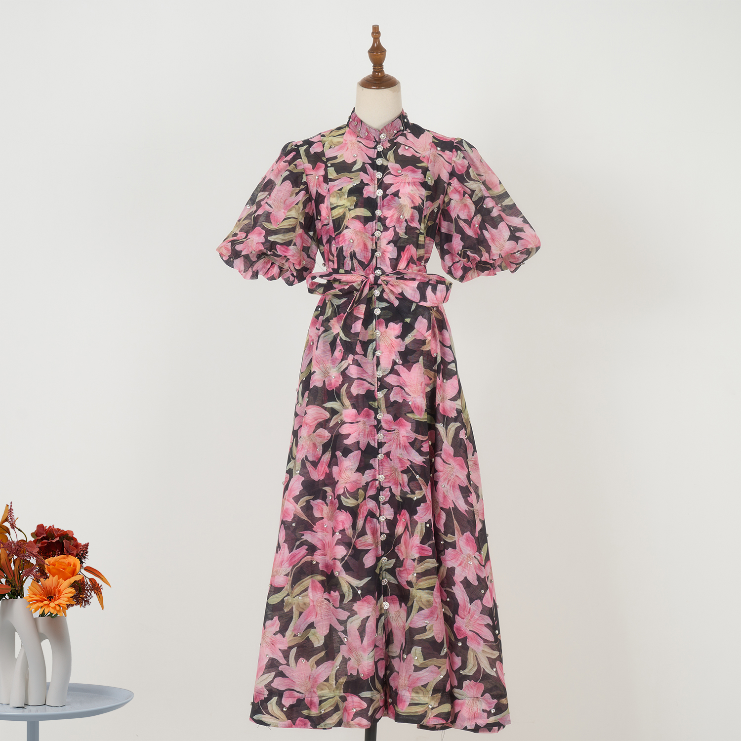Real time spot court style fashion show, high-end design, heavy industry nail drill short sleeved single breasted jumpsuit, long skirt+suspender