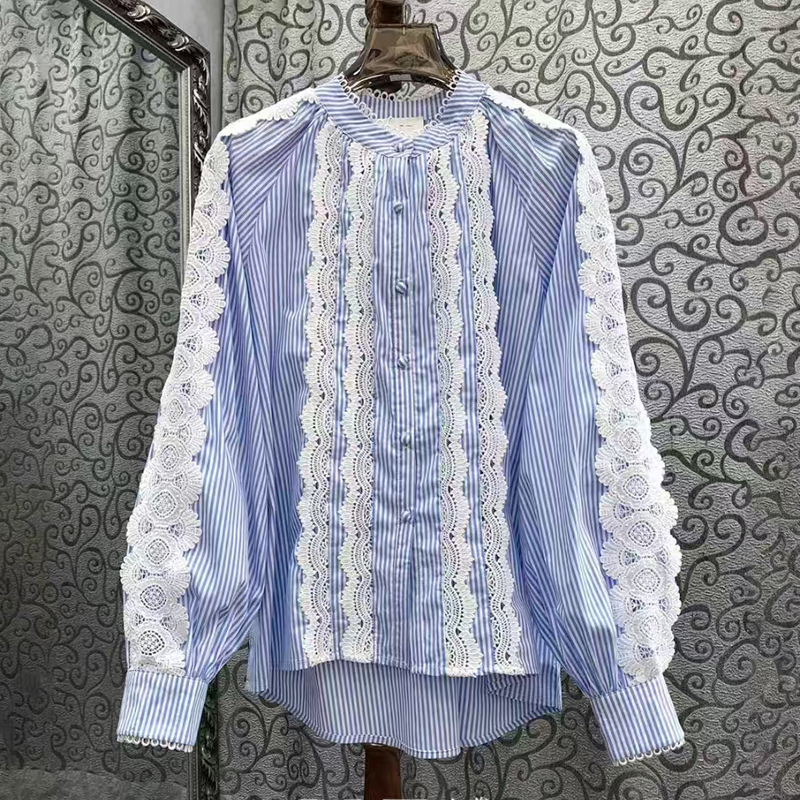 European Spring New Style High end Light Luxury Design Lace Wood Ear Splicing Single breasted Temperament Shirt