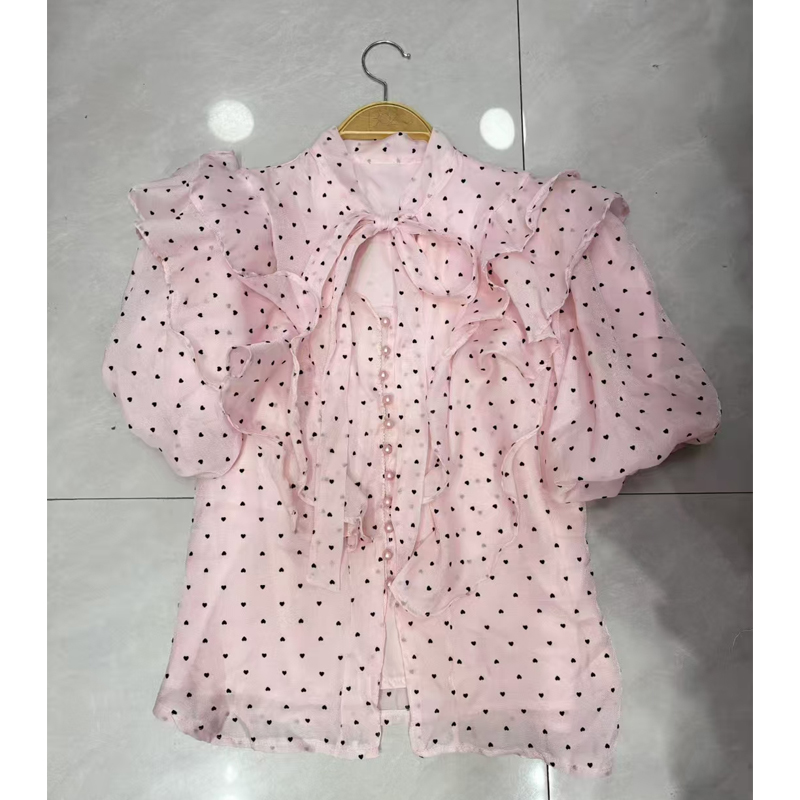 French gentle style shirt for women in autumn with bow tie, ruffle edge splicing, slimming effect, heart printed chiffon top