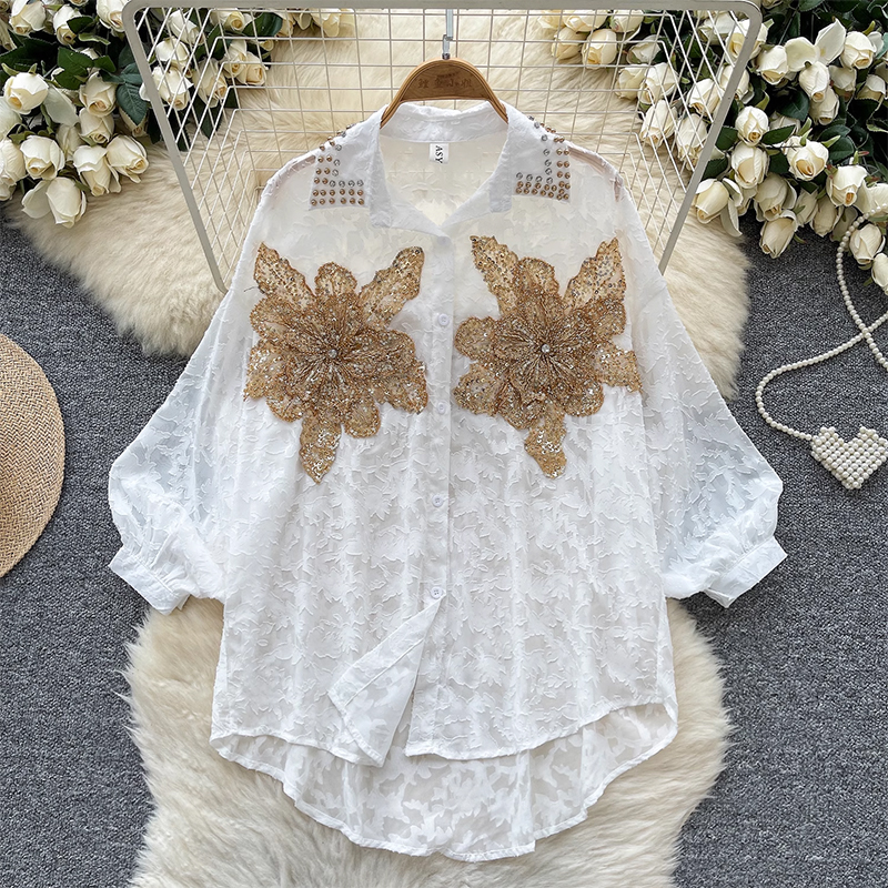 European and American fashion embroidered bead sequin embroidered jacquard shirt for women, loose and slimming, single breasted versatile casual thin top