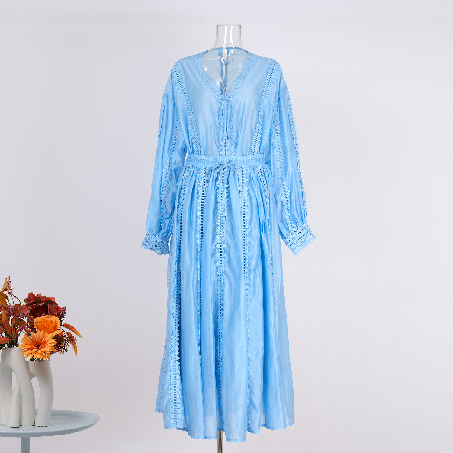Real shot spot shirt drawstring design lantern sleeves paired with half skirt elegant women's suit 25 summer 6 color new item