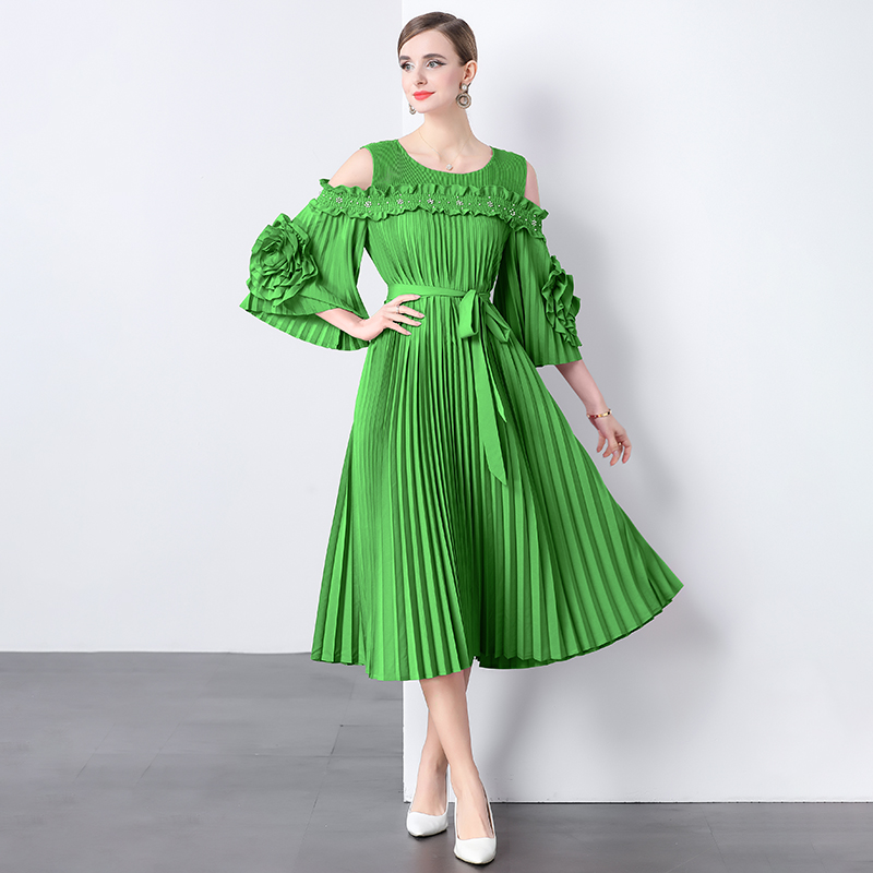Miyake 2025 new one shoulder flared sleeve three-dimensional flower waist cinching slimming women's pleated dress cross-border nail bead
