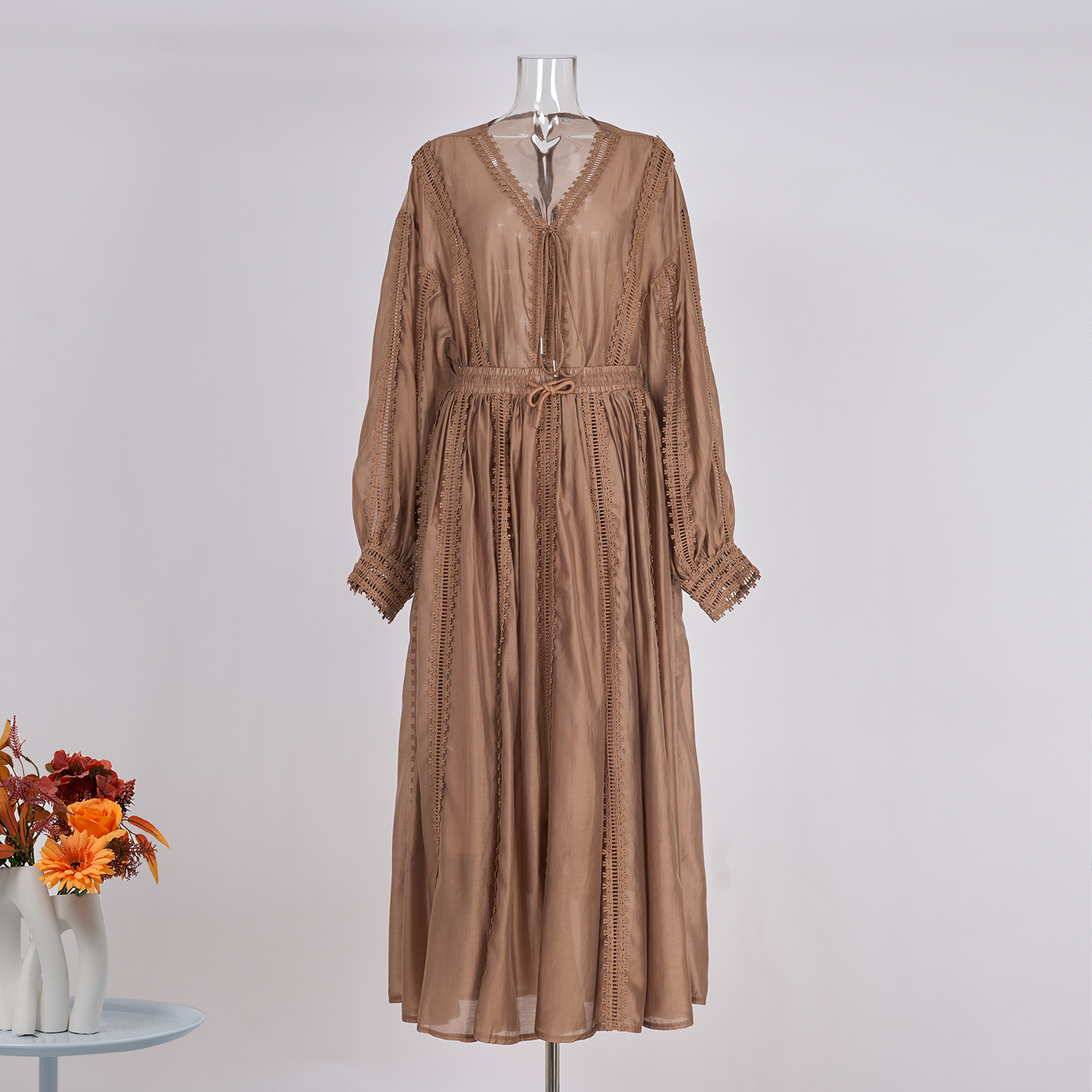 Real shot spot shirt drawstring design lantern sleeves paired with half skirt elegant women's suit 25 summer 6 color new item