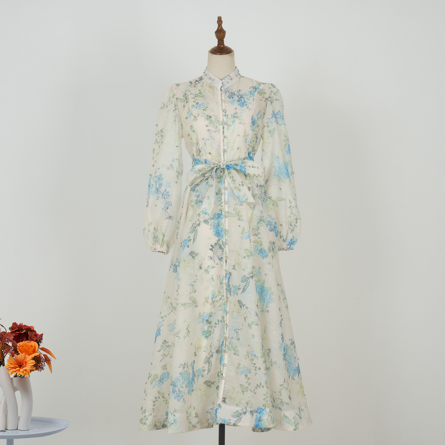 Real time spot luxury 19 color nail drill lace up super slim fit large swing silk and linen long dress with suspender