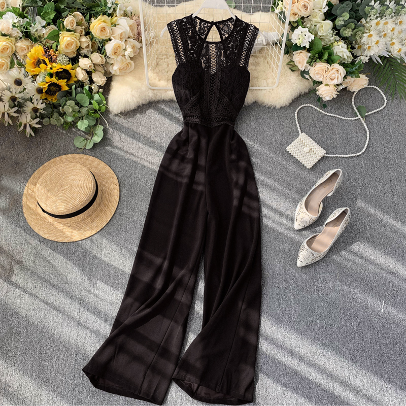 Jumpsuit women's 2020 new OL women's heart machine hollowed out backless sleeveless lace splicing waist slimming wide leg pants