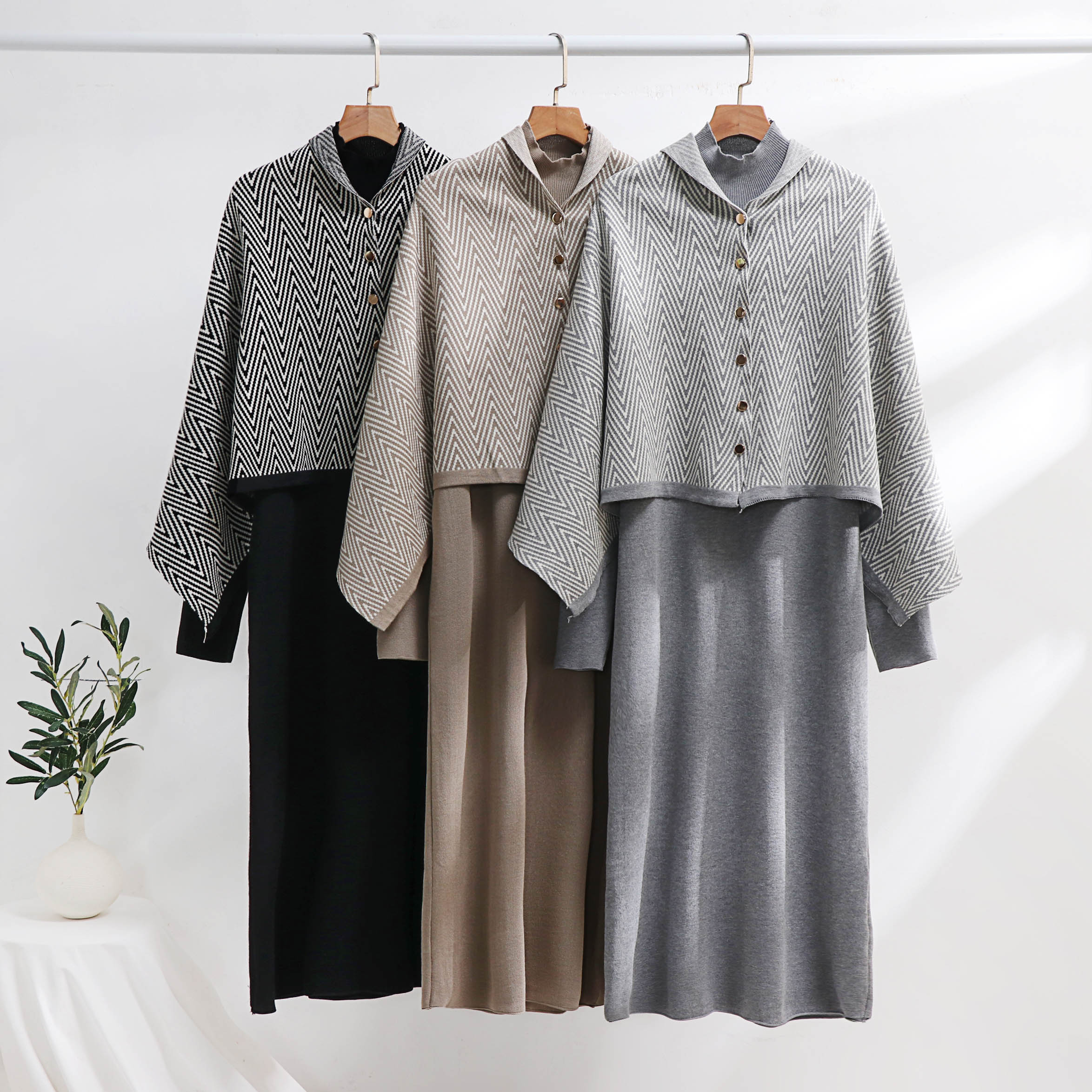 Autumn Small Fragrant Wind Irregular Ripple Shawl Knitted Dress Two Piece Set Elegant Slimming Foreign Trade Simplicity Cross border