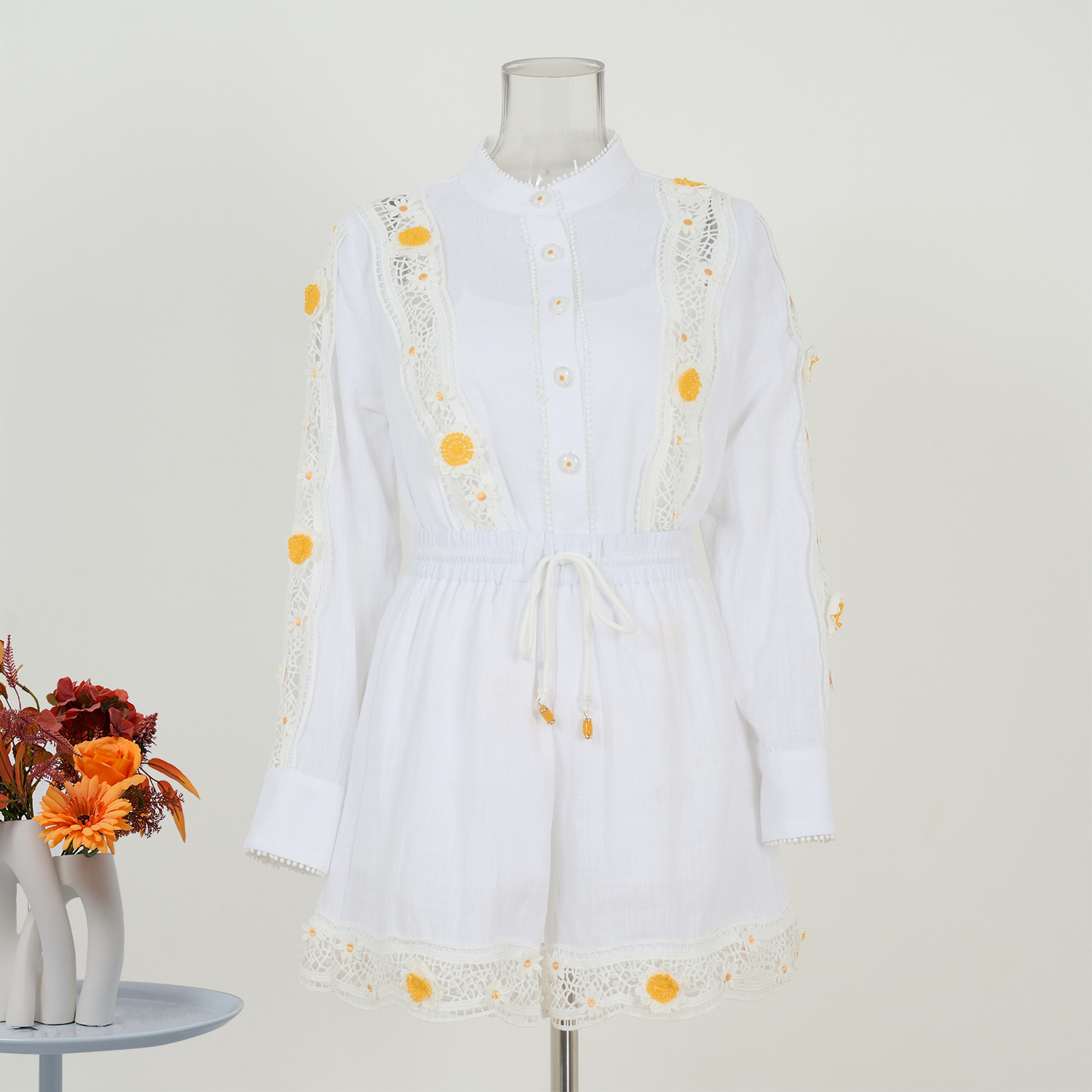 Real time spot 25 spring summer new resort style linen flower shirt with high waist lace lace shorts