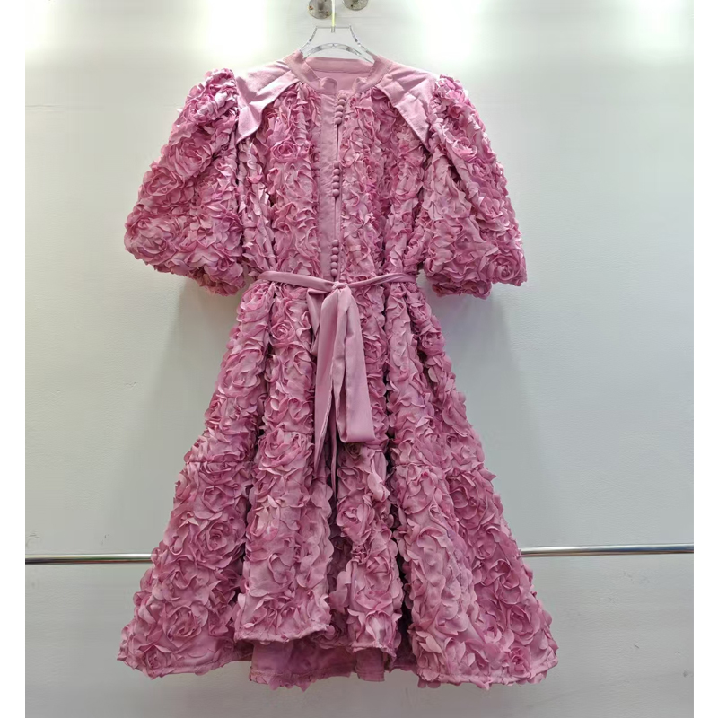 Palace style dress 2025 summer round neck lantern sleeve short sleeved single breasted high-end three-dimensional flower princess dress