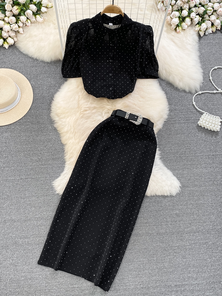 Fashion suit women's light mature style bubble short sleeved single breasted polka dot chiffon shirt two-piece set high waist skirt summer