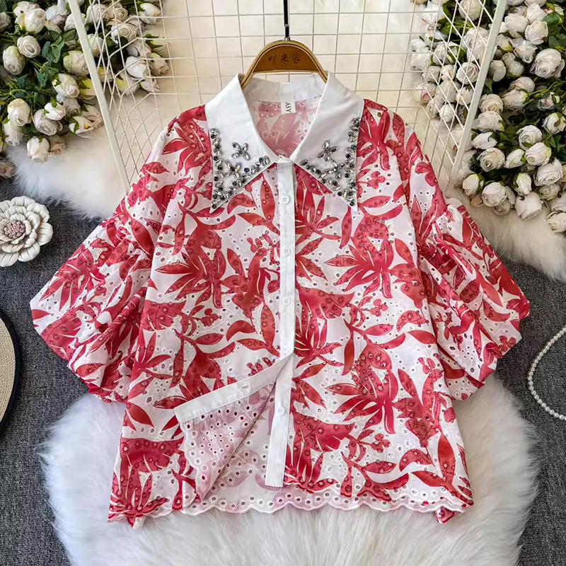 French sweet hollow floral bubble sleeve shirt for women's summer 2025 new short style, small and elegant, diamond studded top