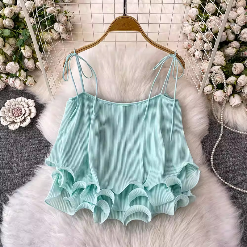Design sense niche sweet fluffy ruffle edge camisole vest for women 2025 new external wear slim fit and slimming short top