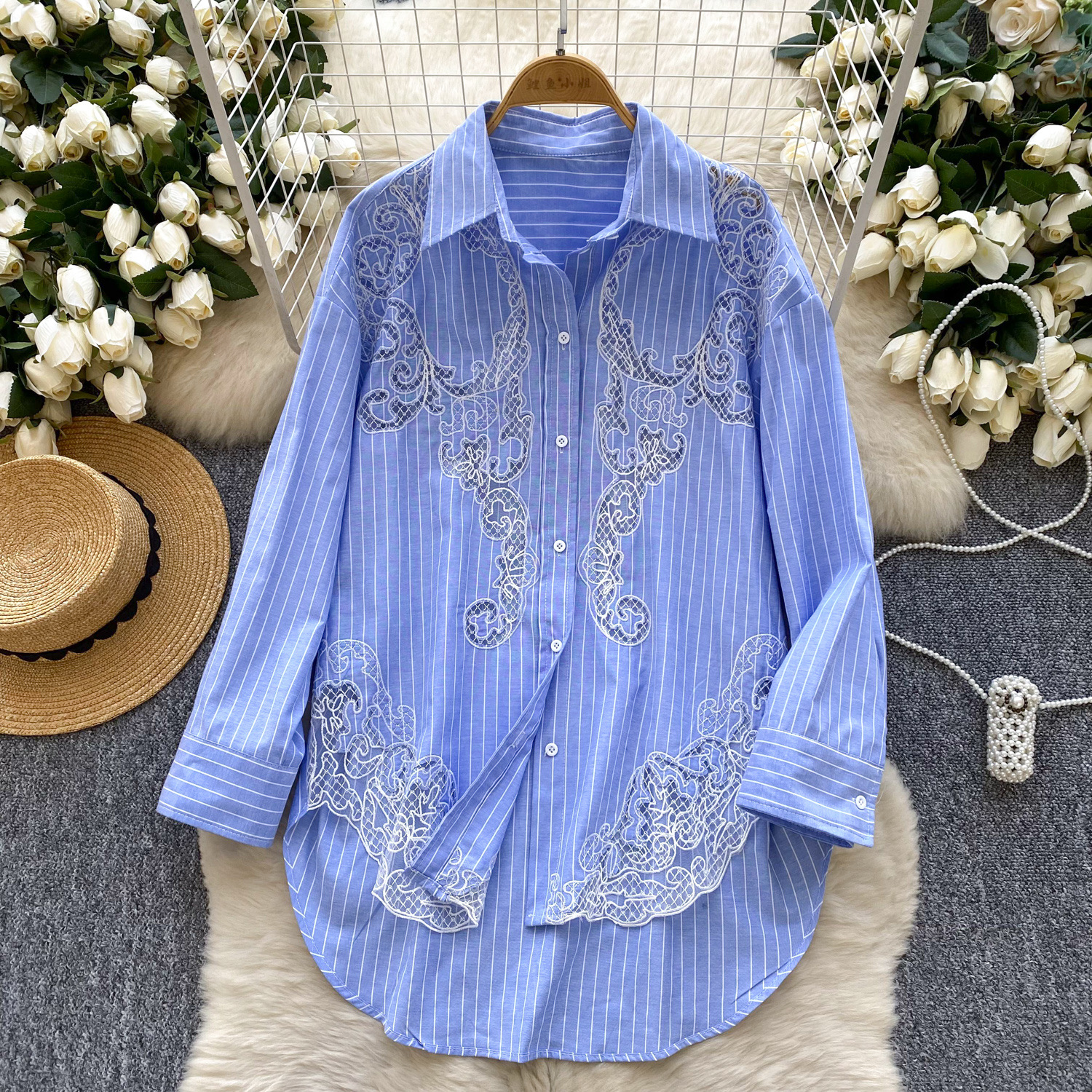 Spring Day Shirt for Women 2025 New Korean Edition Hollow Lace Hook Flower Loose and Slim Irregular Western Style Striped Shirt