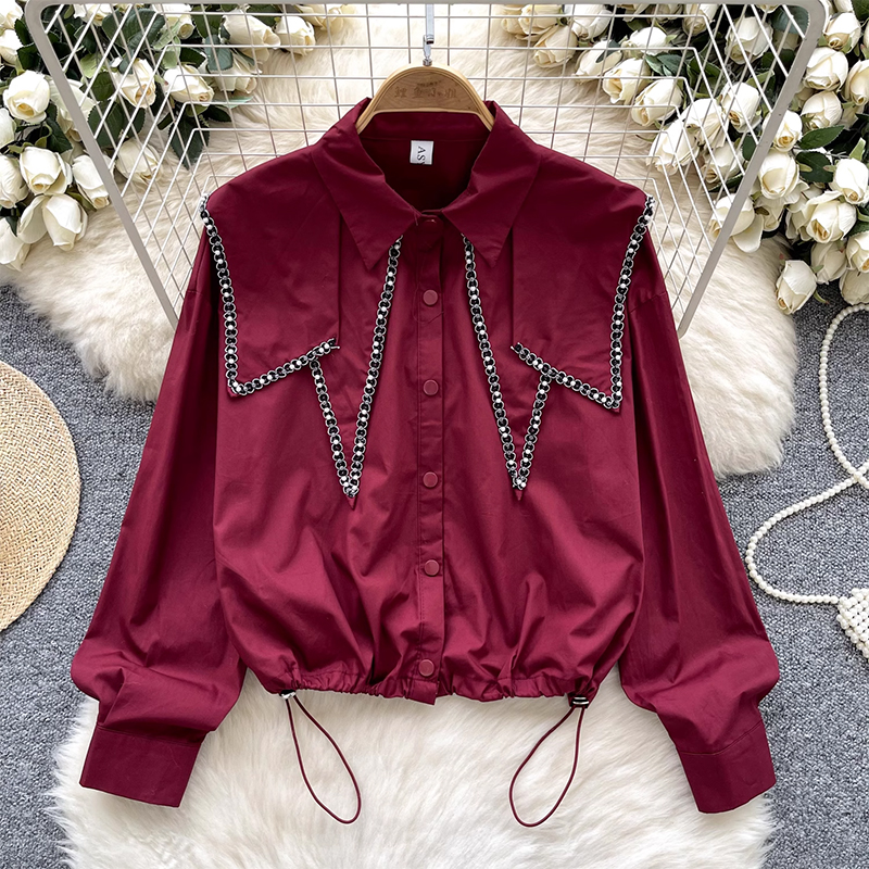 French style heavy industry nail bead doll collar ruffled long sleeved shirt for women, loose and slimming, drawstring waist cinching top, trendy