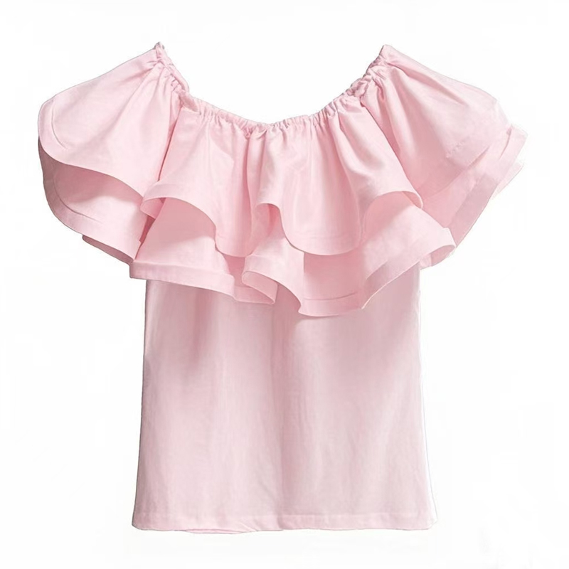Internet celebrity ruffled collarbone one shoulder top women's summer short sleeved high-end knitted slim fit Korean off shoulder cotton T-shirt