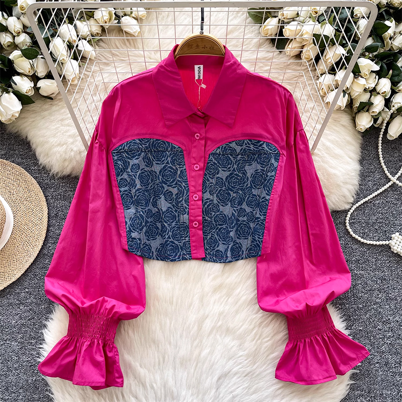Spring clothing shirt for women 2025 new Korean style design, long sleeved patchwork color blocking short denim top, stylish shirt