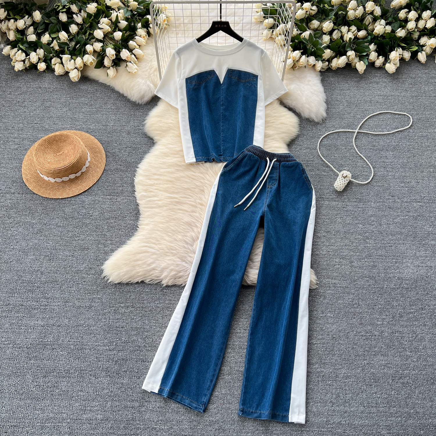 Chic Hong Kong style set, women's design style short sleeved T-shirt, spliced denim top+high waisted casual straight leg pants two-piece set