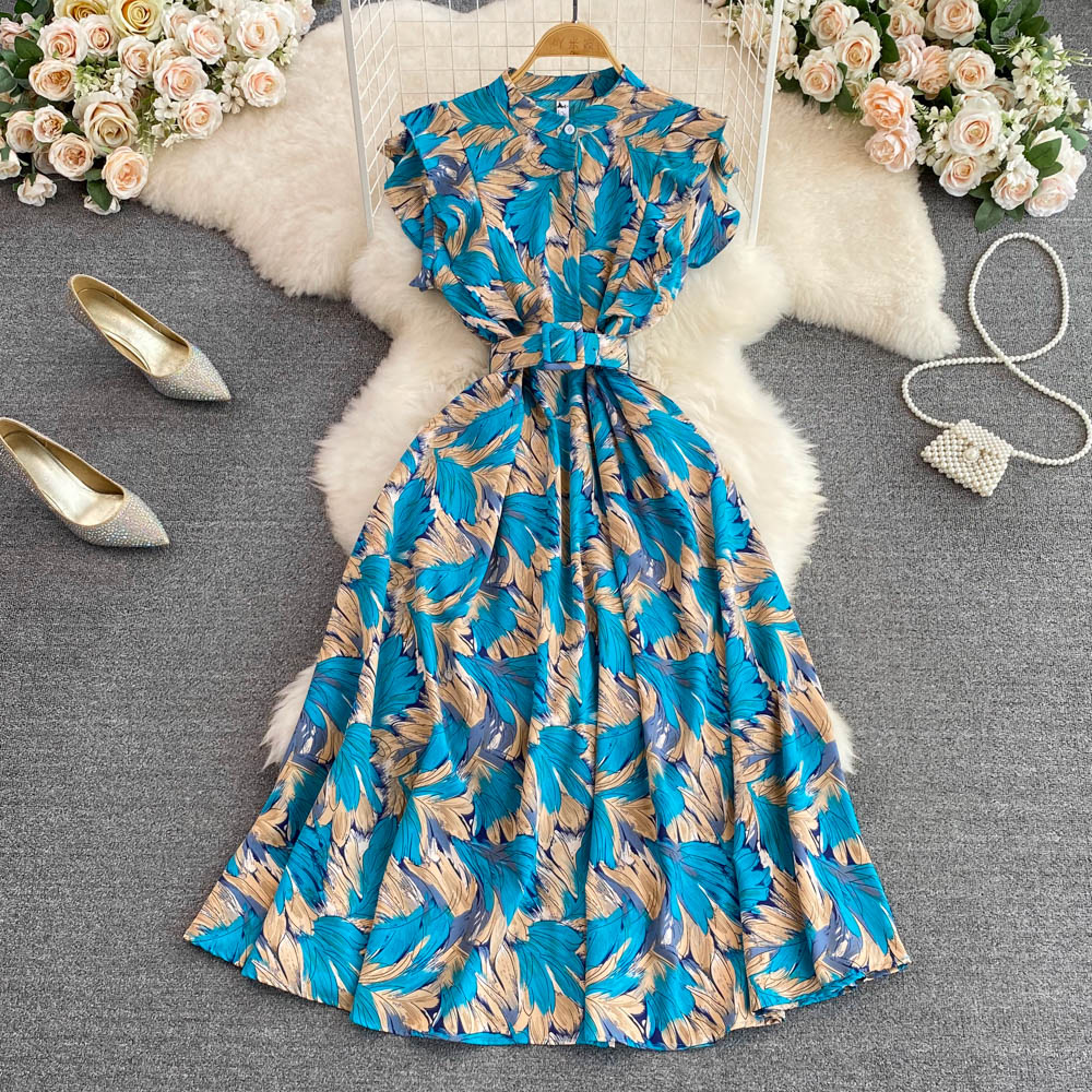 Gentle style stand up collar cinched waist slimming print A-line large swing dress 2025 summer high waist elegant temperament long skirt