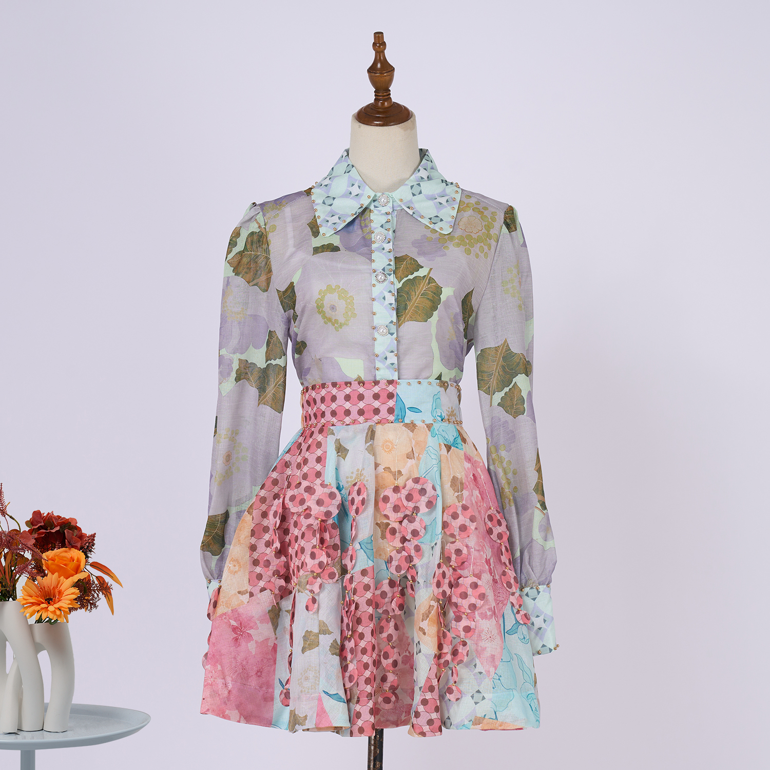 Real shooting spot vacation style retro print exquisite diamond buckle lantern sleeves high waist slimming dress short skirt formal dress
