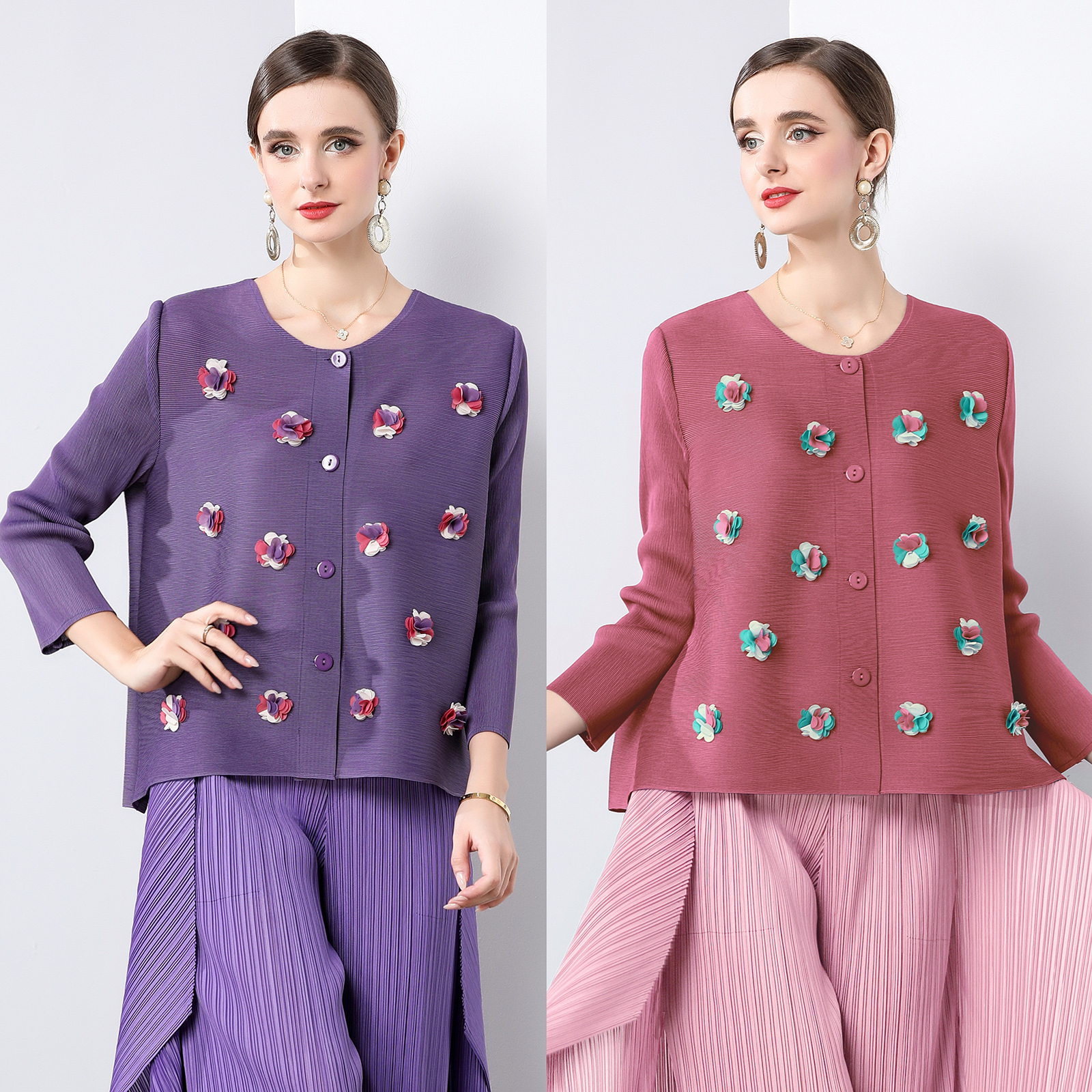 Sanzhai Foreign Trade Loose and Versatile Three Dimensional Decoration Small Fragrant Style Design Feel Folded Small Coat Casual Long Sleeve Top for Women