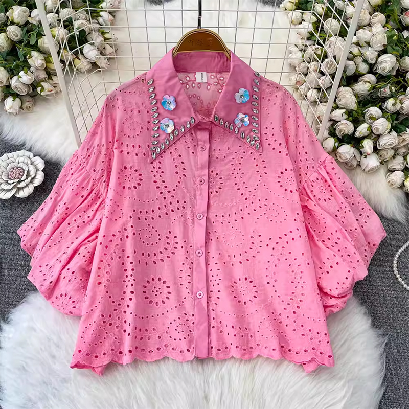 French lantern sleeve shirt for women's summer new style lace embroidery hollow out unique and chic diamond inlaid pointed collar slimming top
