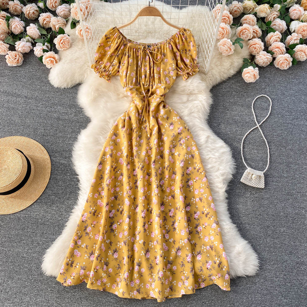 French style fresh off shoulder floral dress for women, high waisted and slimming, super fairy forest style sweet bubble sleeve A-line skirt