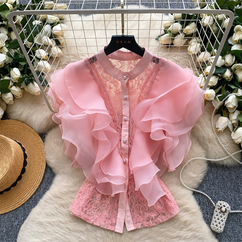 Noble palace style high-end sleeveless shirt for women in summer with mesh, ruffle edge lace mesh, light luxury and chic top