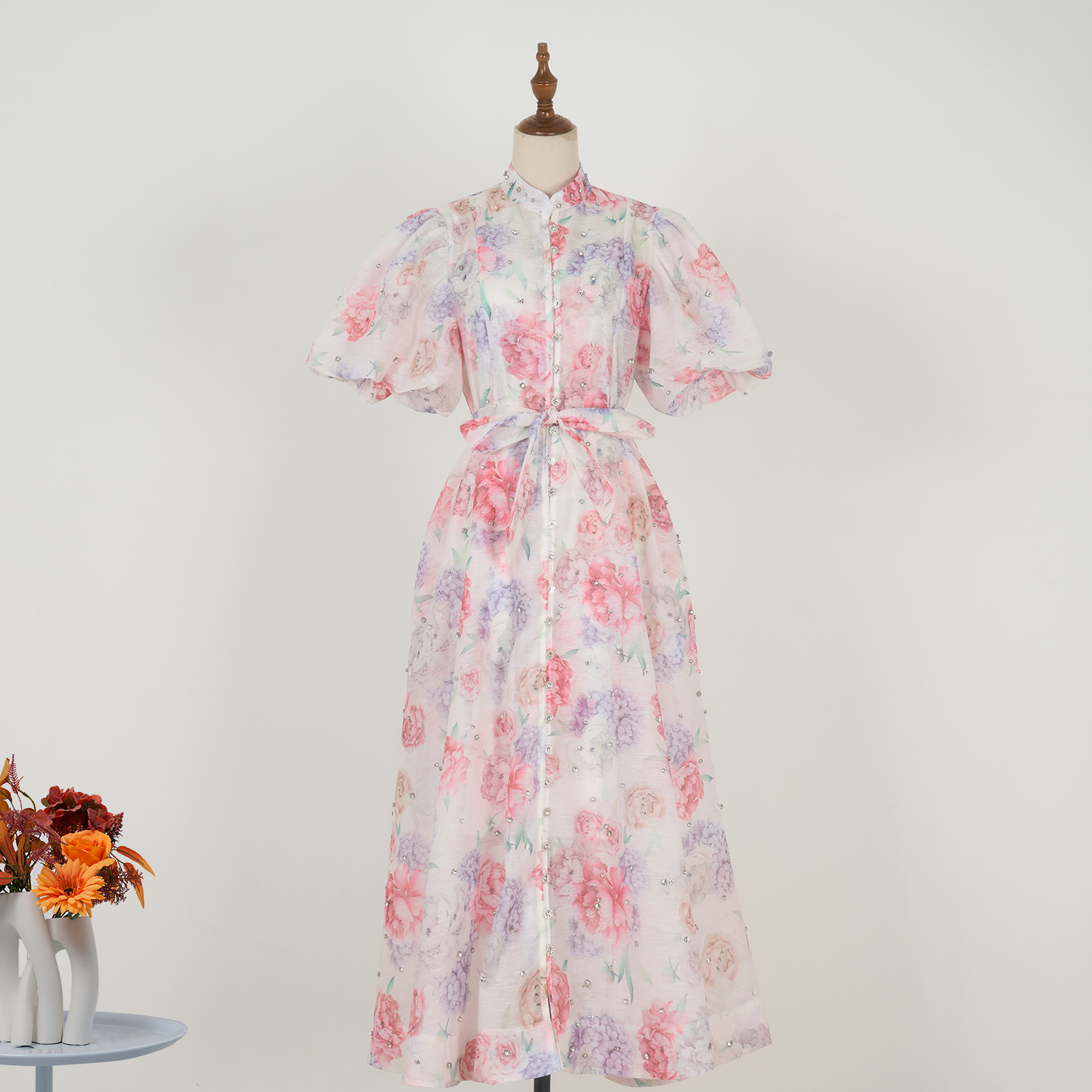Real time spot court style fashion show, high-end design, heavy industry nail drill short sleeved single breasted jumpsuit, long skirt+suspender