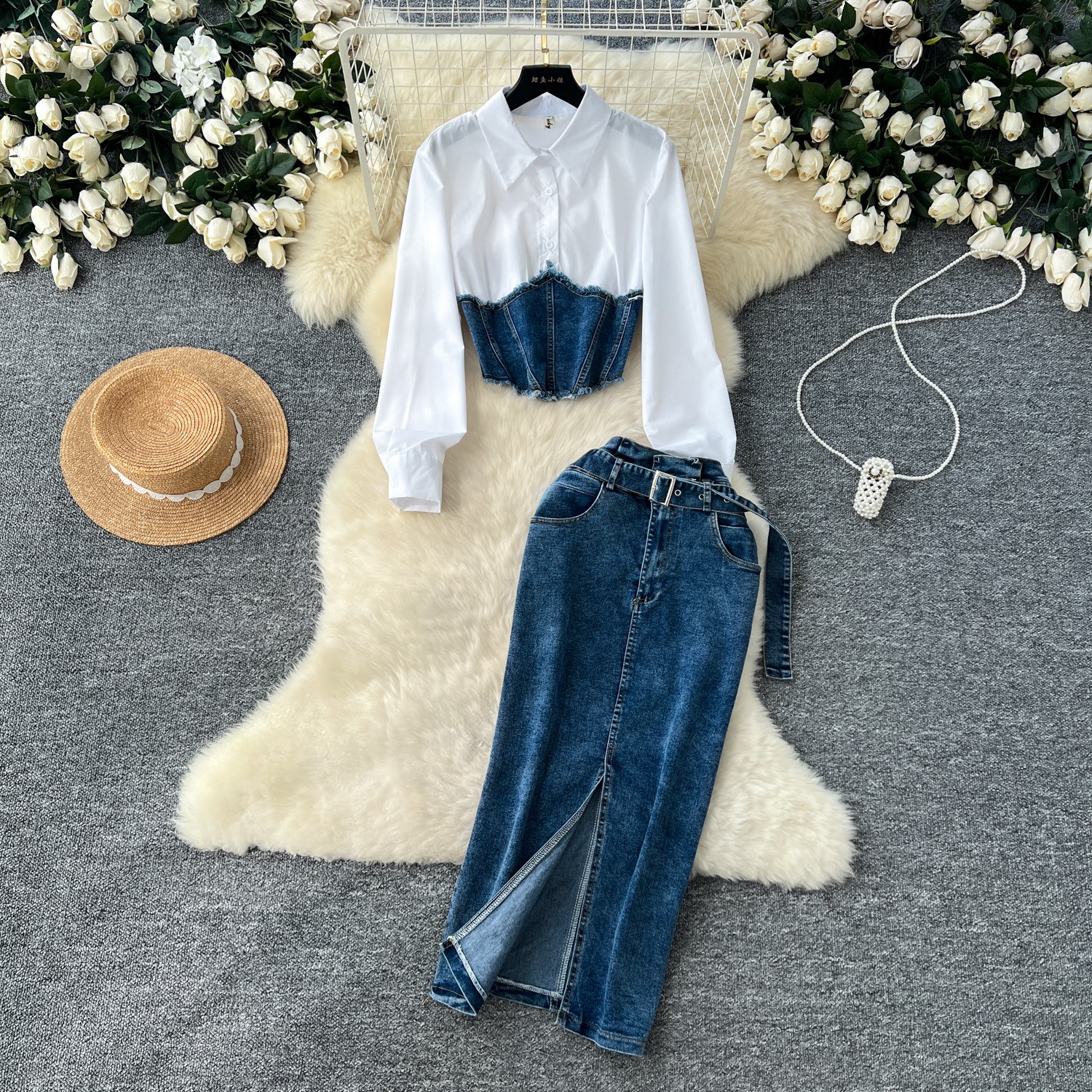 Korean style goddess fashion patchwork fake two-piece long sleeved shirt, women's waistband, cinched denim skirt two-piece set