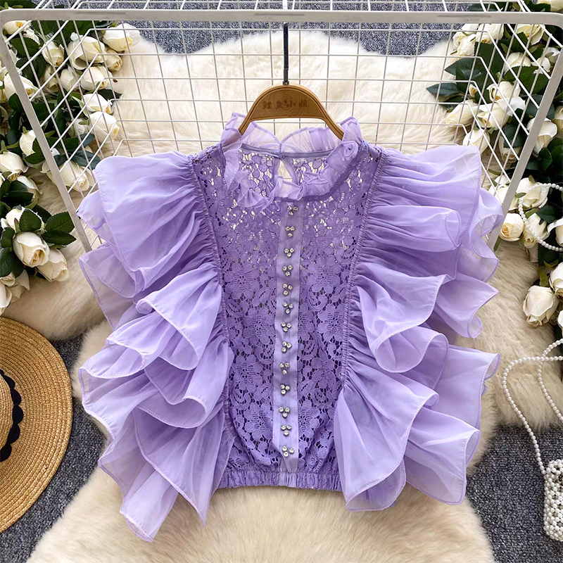 Light luxury French socialite high-end sleeveless shirt for women in summer, hollowed out hook flower ruffle edge temperament, unique top trend