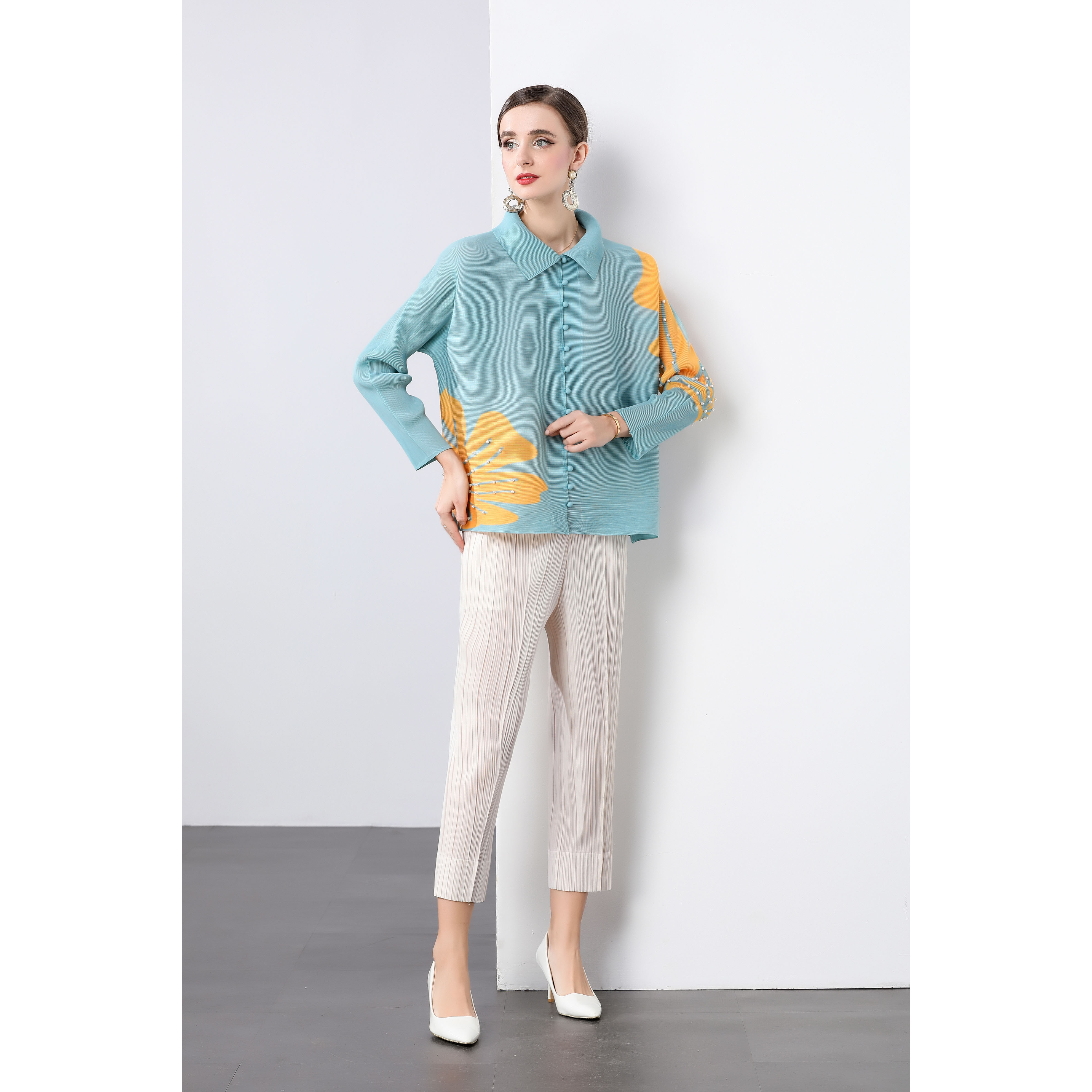 Miyake nail bead bat sleeve print casual pleated loose top versatile straight leg pleated pants women's loose suit