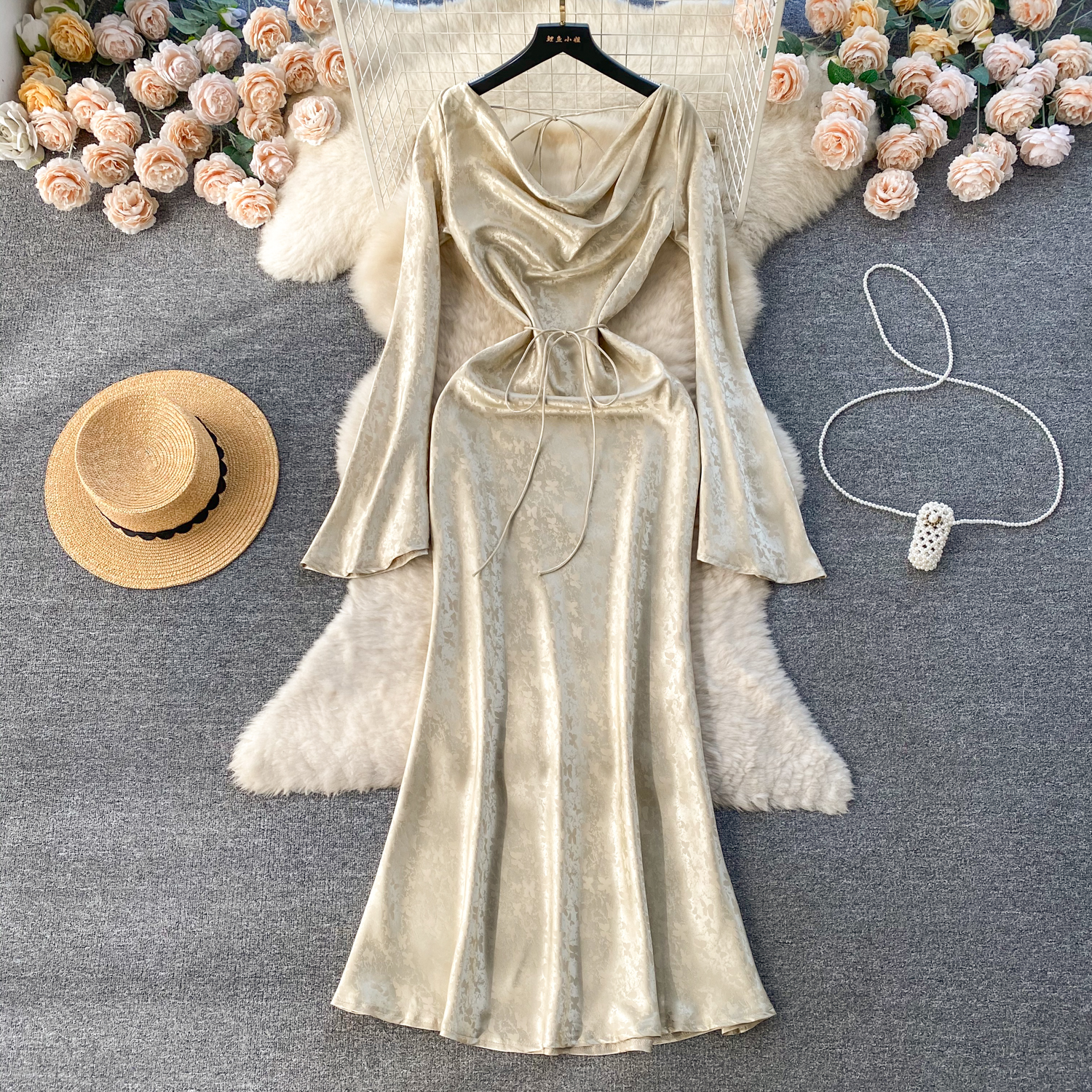 Ladies' elegant spring dress, French retro court style dress, slim fit mid length fishtail skirt, temperament dress