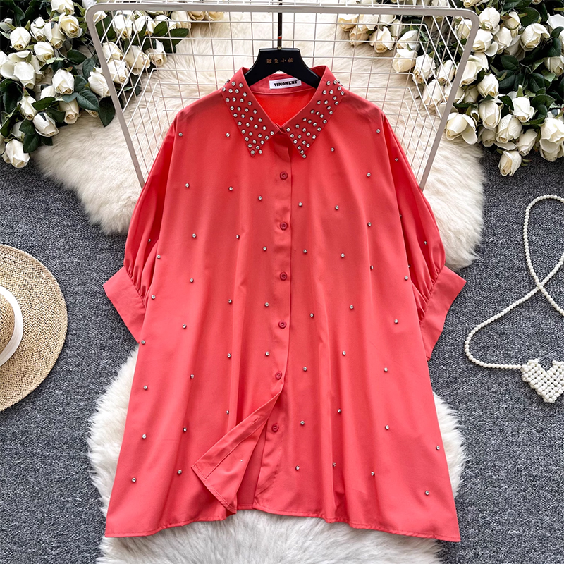 European style fashionable top for women, with a heavy diamond studded polo collar, bat sleeves, single breasted loose casual shirt for women