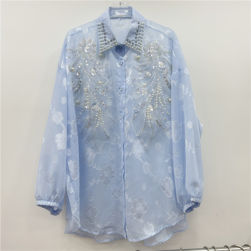 French style new Korean version versatile long sleeved shirt for women with a niche design, medium to long length heavy industry sequin inlaid diamond top