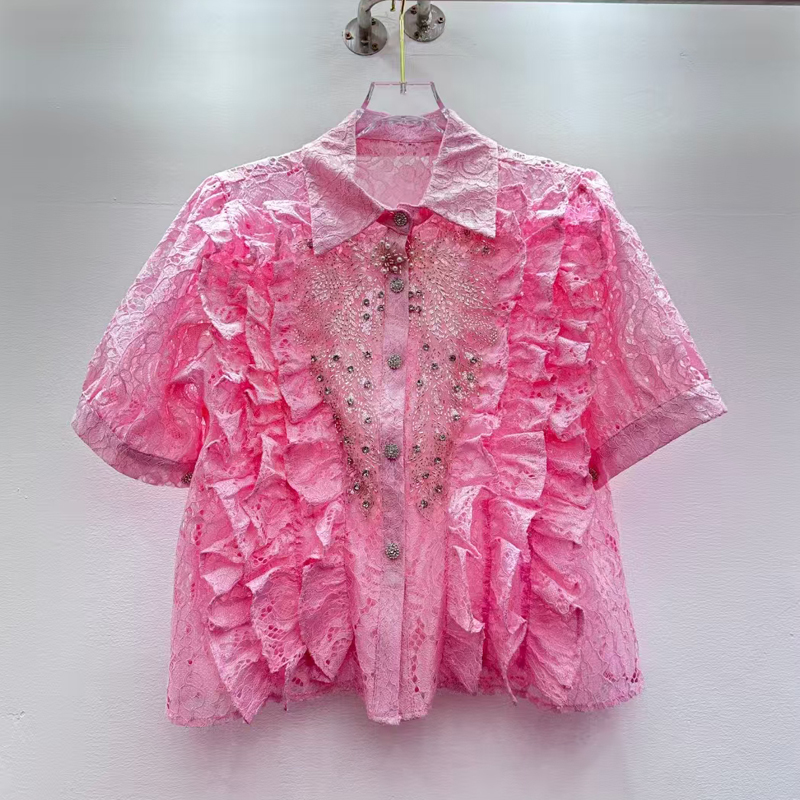 Fashionable and sweet layered ruffle edge splicing single breasted loose and versatile temperament slightly transparent organza shirt