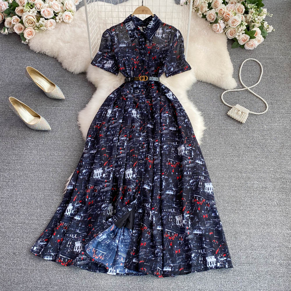 Summer French retro gentle style lapel cinched waist slimming print single breasted A-line chiffon dress elegant long skirt