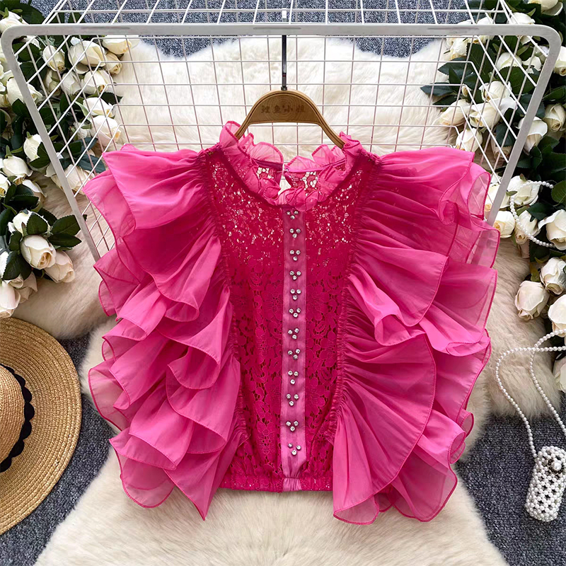 Light luxury French socialite high-end sleeveless shirt for women in summer, hollowed out hook flower ruffle edge temperament, unique top trend