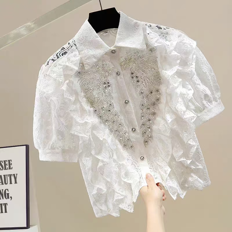 Fashionable and sweet layered ruffle edge splicing single breasted loose and versatile temperament slightly transparent organza shirt