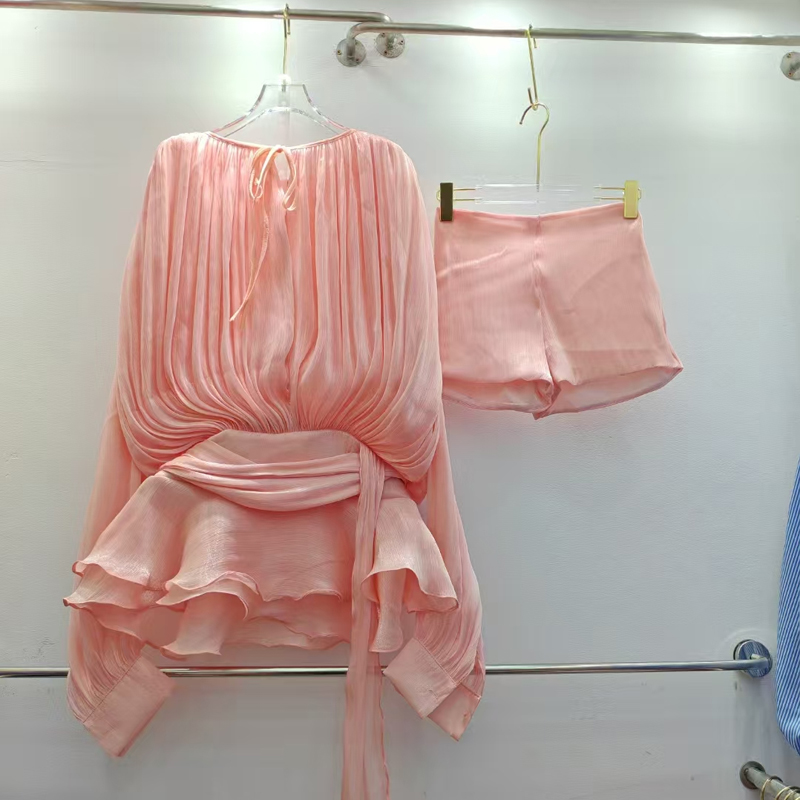 Vietnamese niche design unique and gentle ruffle edge ribbon waist cinching dress+anti glare shorts set