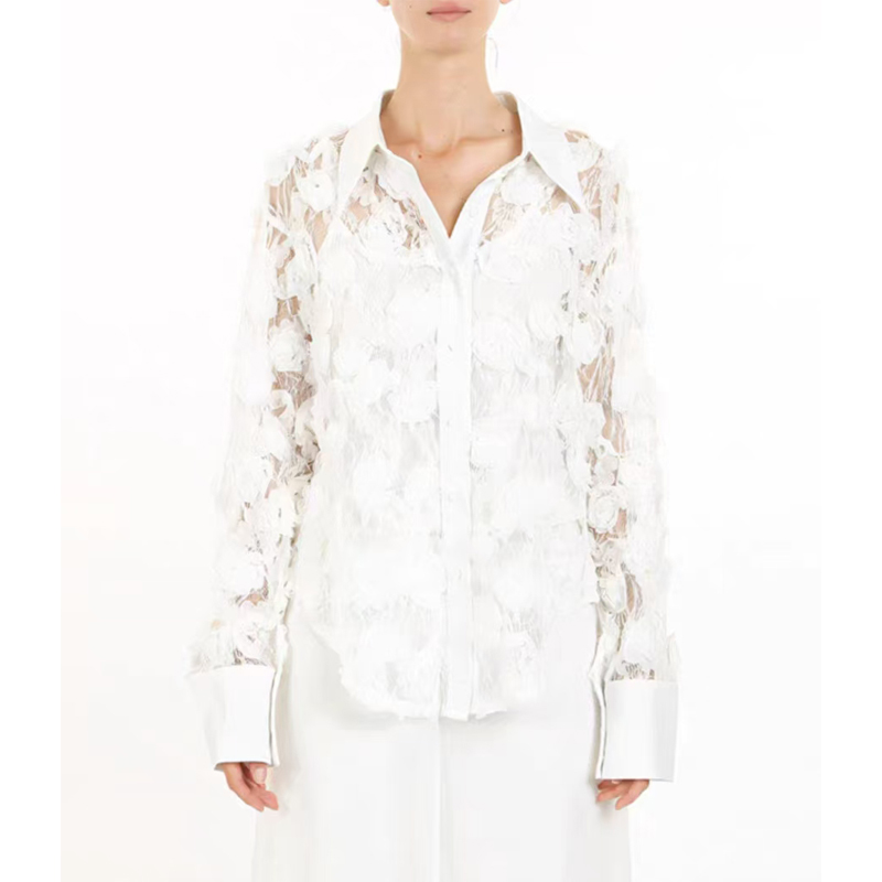 European and American style women's clothing new autumn French niche transparent rose cut print lapel loose long sleeved shirt