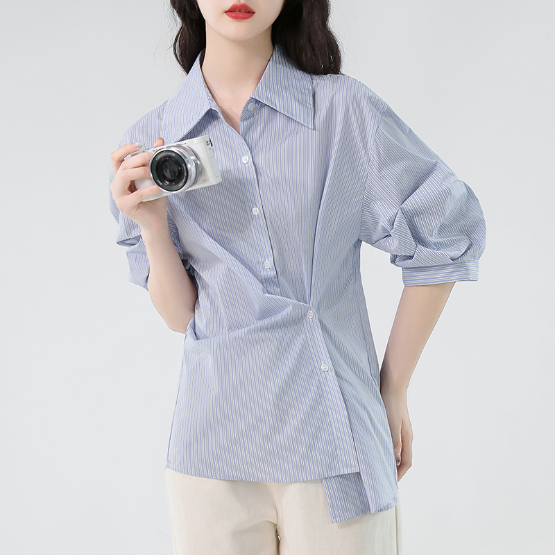 French Commuting Fashion Striped Shirt for Women 2025 Summer New Style Simple Shirt Blue Age Reducing Loose Top